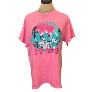MIAMI BEACH Neon Pink Teal Graphic Tee T-Shirt Unisex size M